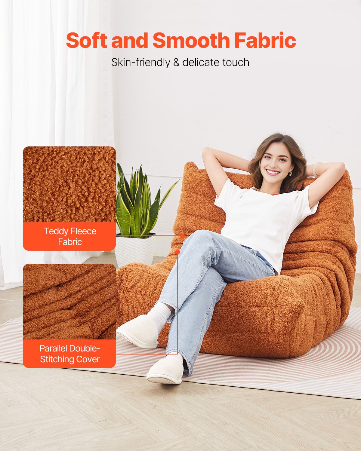 Bean Bag Chair, L-Shaped Bean Bag Chair with Soft Armrests and Storage Pocket, 25D Memory Foam Filled with Soft Teddy Velvet Cover, Bean Bag for Bedroom or Playroom, Brown