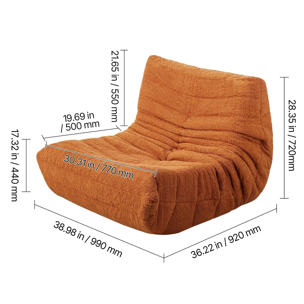 Bean Bag Chair, L-Shaped Bean Bag Chair with Soft Armrests and Storage Pocket, 25D Memory Foam Filled with Soft Teddy Velvet Cover, Bean Bag for Bedroom or Playroom, Brown