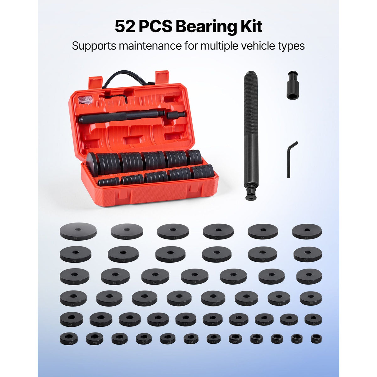 Bearing Press Kit, 52 Pcs, Bearing Race and Seal Driver Set with 49 Bushings and Handle Shaft, Bushing Driver Tool Set, Heavy Duty Carbon Steel Removal Installation Tool Kit with Storage Case