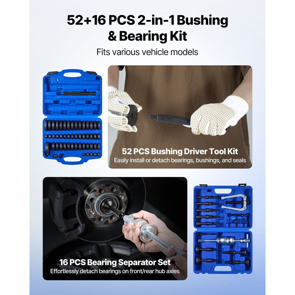 Bearing Press Kit, 52+16 Pcs, 2 in 1 Bushing Driver Tool & Bearing Press Kit, Race and Seal Driver Set with 49 Bushings, 10 Collets, Slide Hammer, Heavy Duty Removal Installation Set with Case