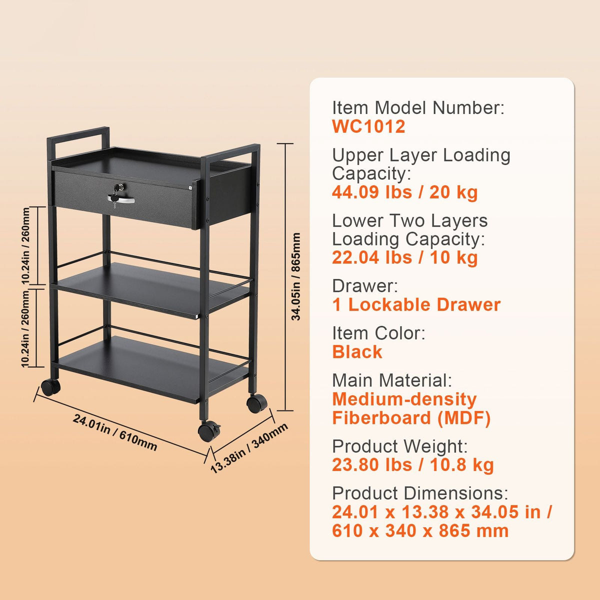 Beauty Salon Trolley Cart, 3-Tier Hair Salon Stations Cabinet for Stylist with Lockable Drawer, MDF Rolling Storage Station with 4 Wheels (2 Lockable) for Beauty SPA Barbershop Tattoo
