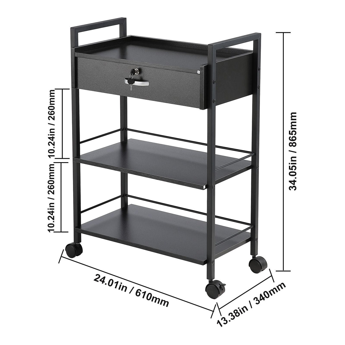 Beauty Salon Trolley Cart, 3-Tier Hair Salon Stations Cabinet for Stylist with Lockable Drawer, MDF Rolling Storage Station with 4 Wheels (2 Lockable) for Beauty SPA Barbershop Tattoo