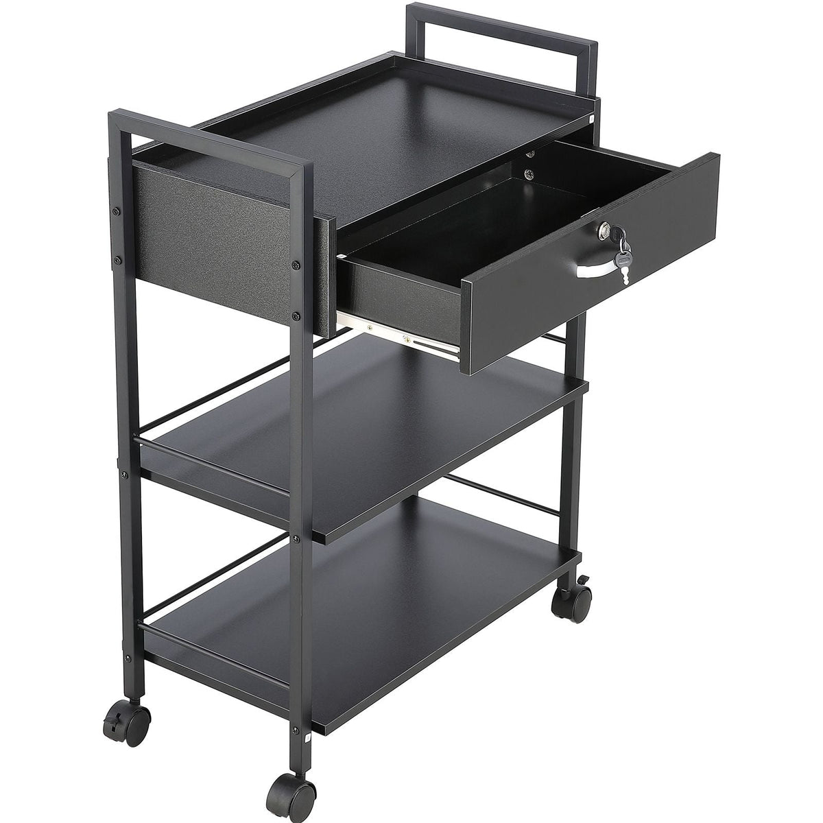 Beauty Salon Trolley Cart, 3-Tier Hair Salon Stations Cabinet for Stylist with Lockable Drawer, MDF Rolling Storage Station with 4 Wheels (2 Lockable) for Beauty SPA Barbershop Tattoo