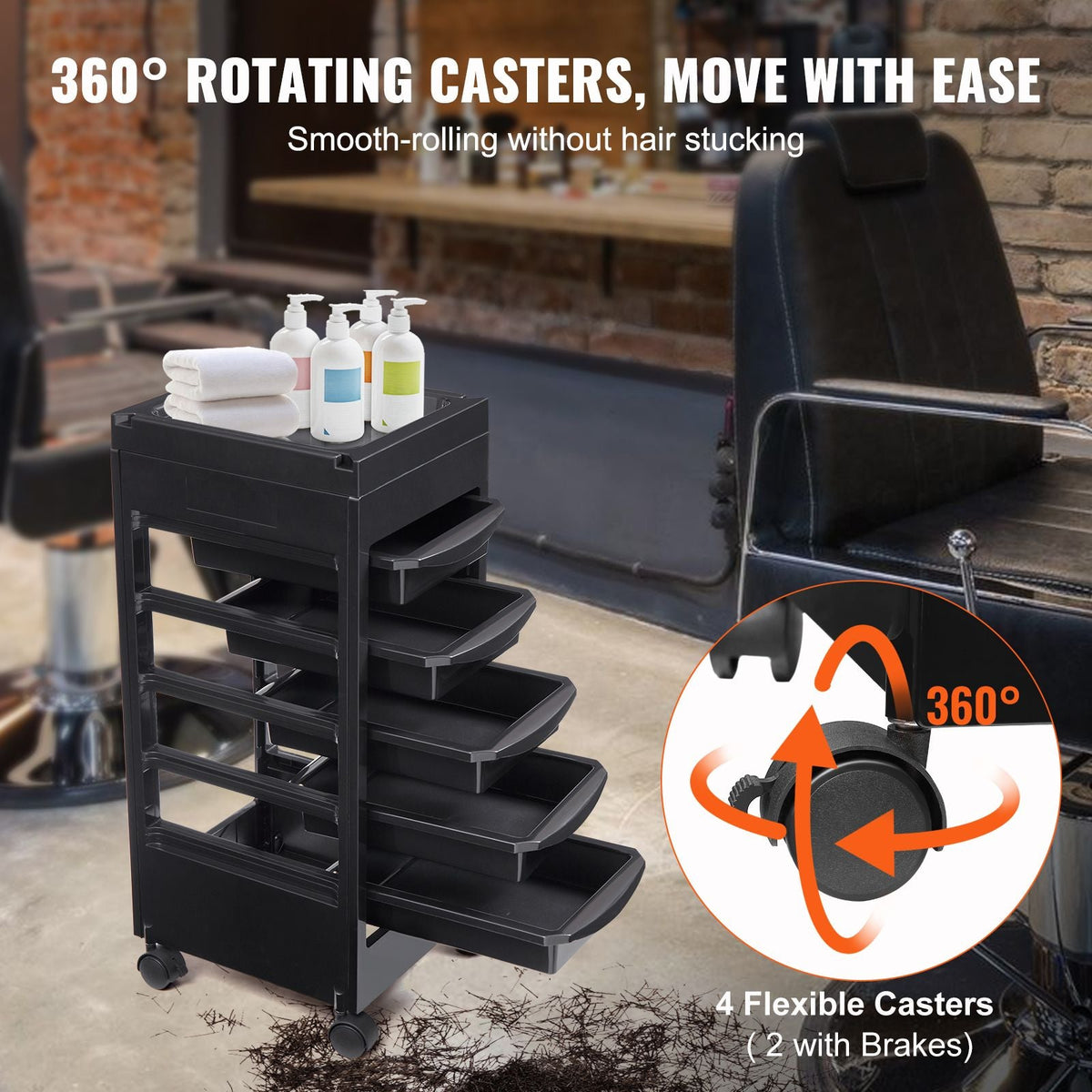Beauty Salon Trolley Cart, Plastic Salon Rolling Cart for Stylist with 5 Removable Drawers & Dryer Holder, Rolling Hairdressing Cart with 4 Wheels (2 Lockable) for Beauty SPA Barbershop