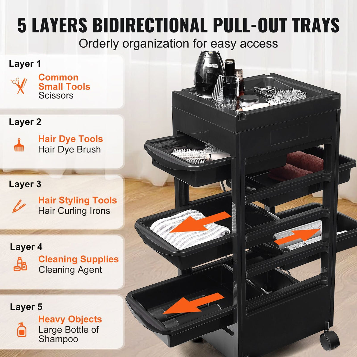 Beauty Salon Trolley Cart, Plastic Salon Rolling Cart for Stylist with 5 Removable Drawers & Dryer Holder, Rolling Hairdressing Cart with 4 Wheels (2 Lockable) for Beauty SPA Barbershop