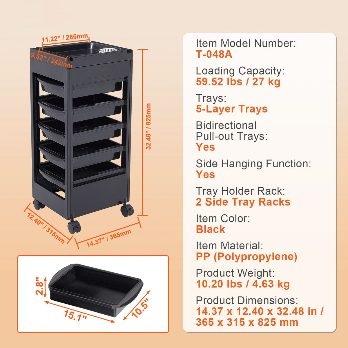 Beauty Salon Trolley Cart, Plastic Salon Rolling Cart for Stylist with 5 Removable Drawers & Dryer Holder, Rolling Hairdressing Cart with 4 Wheels (2 Lockable) for Beauty SPA Barbershop