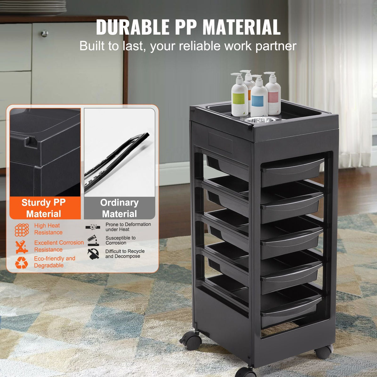 Beauty Salon Trolley Cart, Plastic Salon Rolling Cart for Stylist with 5 Removable Drawers & Dryer Holder, Rolling Hairdressing Cart with 4 Wheels (2 Lockable) for Beauty SPA Barbershop
