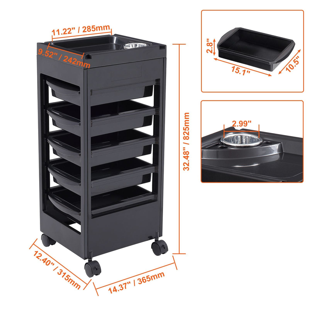 Beauty Salon Trolley Cart, Plastic Salon Rolling Cart for Stylist with 5 Removable Drawers & Dryer Holder, Rolling Hairdressing Cart with 4 Wheels (2 Lockable) for Beauty SPA Barbershop