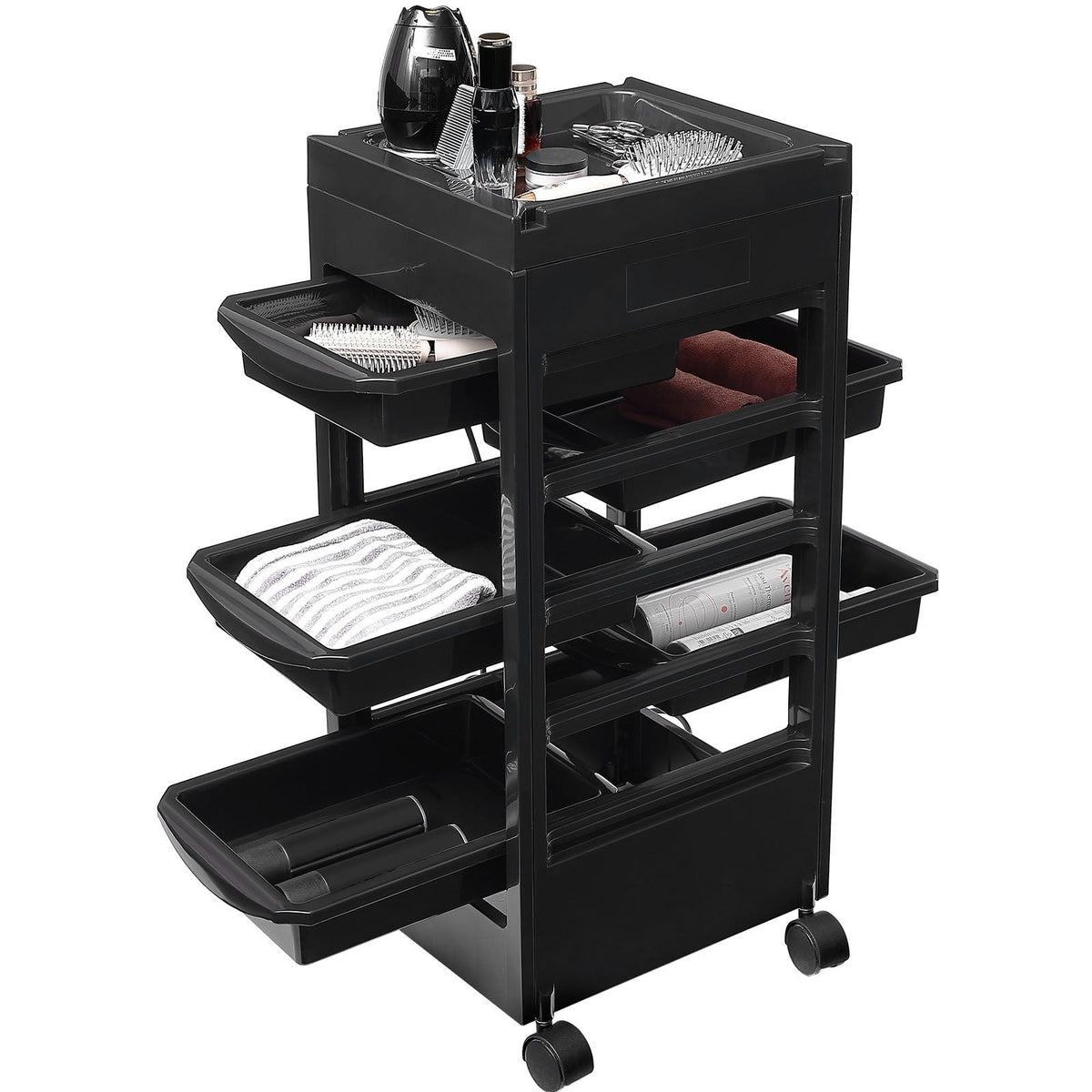Beauty Salon Trolley Cart, Plastic Salon Rolling Cart for Stylist with 5 Removable Drawers & Dryer Holder, Rolling Hairdressing Cart with 4 Wheels (2 Lockable) for Beauty SPA Barbershop