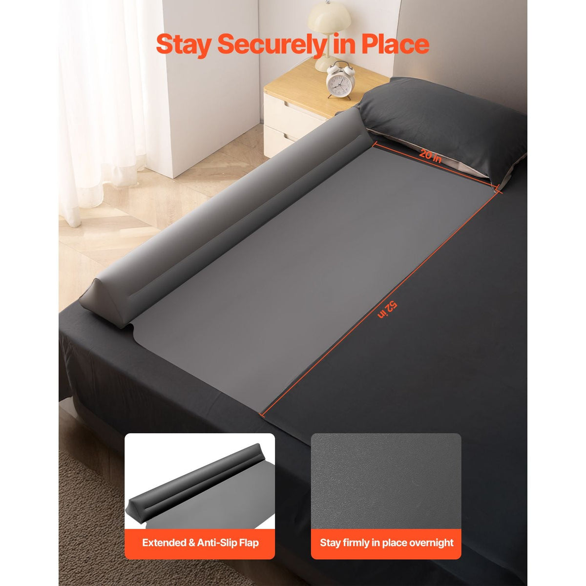 Bed Bumper for Toddlers, 52-inch Inflatable Bed Guard Rail with Safety Flap, Non-Slip TPU Toddler Bedrail Bumper for Twin, Full, Queen King Beds, Lightweight & Portable for Home Travel (2 Packs)