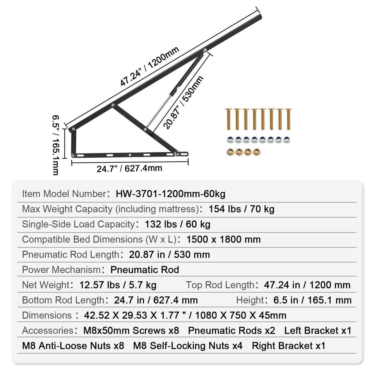 Bed Lift, 59x71 in Compatible Bed Size 154 lbs Load Bearing, DIY Wall Bed Mechanical Hardware Kit Vertical Deluxe, Pneumatic Lever Heavy Duty Bed Support, Folding Wall Bed for Guestroom