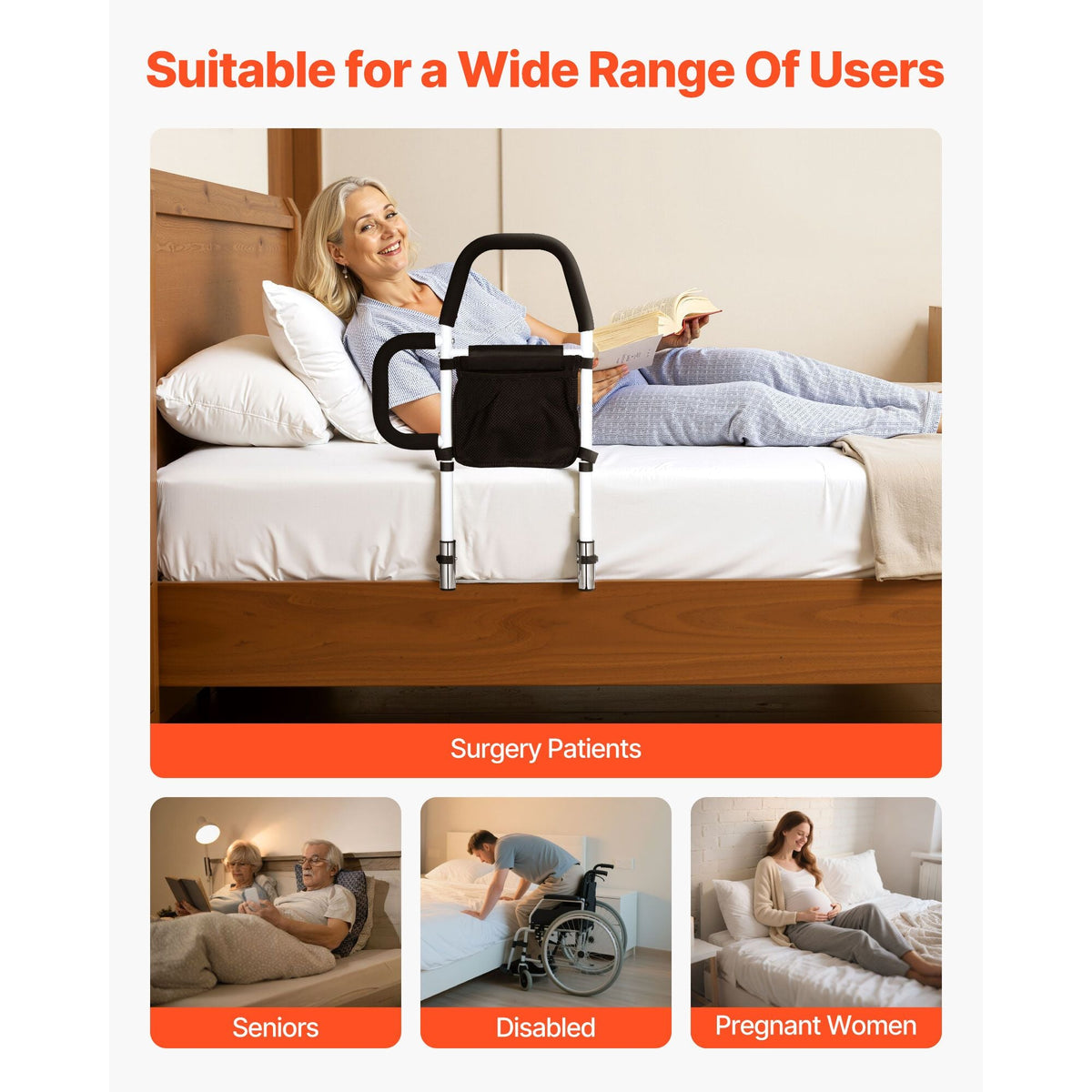 Bed Rail for Elderly, Bedside Assist Rails with Side Handle and PU Handrail, Adjustable Height Carbon Steel Pipe Bedside Cane, Bed Bars for Seniors & Patients, Fits King, Queen, Full, Twin