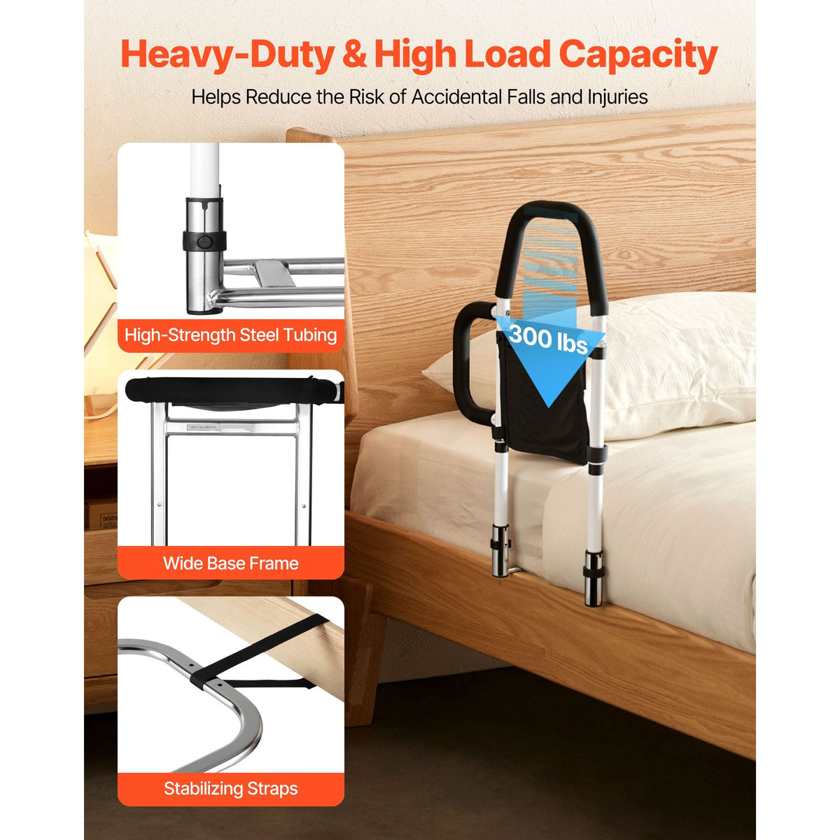 Bed Rail for Elderly, Bedside Assist Rails with Side Handle and PU Handrail, Adjustable Height Carbon Steel Pipe Bedside Cane, Bed Bars for Seniors & Patients, Fits King, Queen, Full, Twin