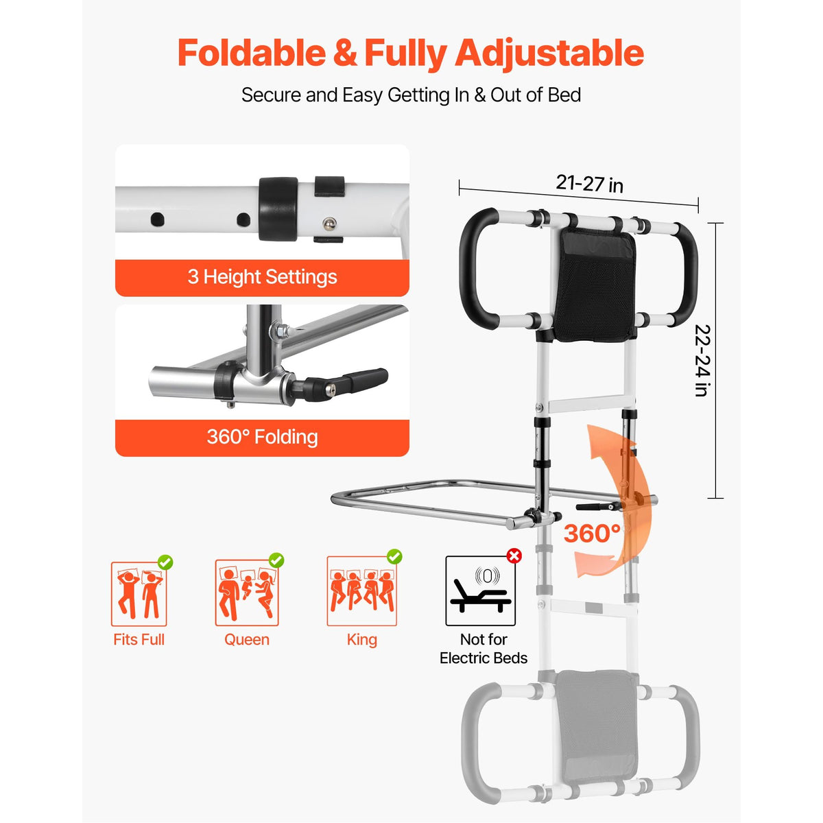 Bed Rail for Elderly, Foldable & Extendable Bedside Assist Rail with Side Handles & PU Handrail, Adjustable Height Carbon Steel Pipe Bedside Cane, Senior Bed Bar Fits King, Queen, Full, Twin