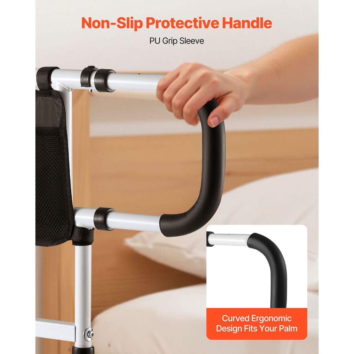Bed Rail for Elderly, Foldable & Extendable Bedside Assist Rail with Side Handles & PU Handrail, Adjustable Height Carbon Steel Pipe Bedside Cane, Senior Bed Bar Fits King, Queen, Full, Twin
