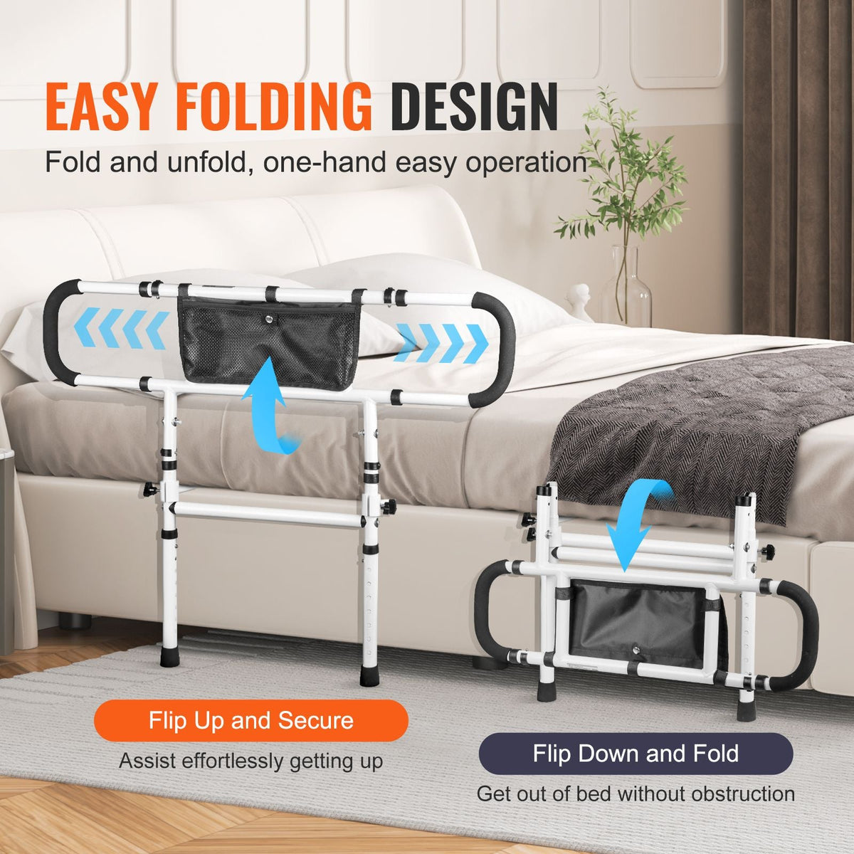Bed Rails for Elderly Adults, 180° Foldable Bed Assist Rails for Seniors, 450LBS Loading Bed Side Rails Bed Cane with 4-Level Adjustable Handle, Storage Pocket Fits King Queen Full Twin Bed