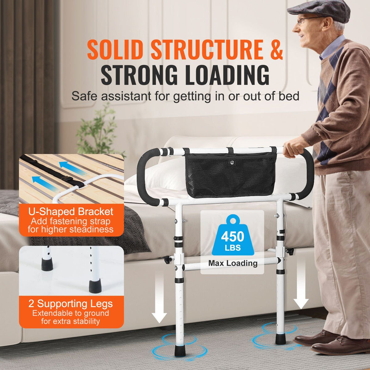 Bed Rails for Elderly Adults, 180° Foldable Bed Assist Rails for Seniors, 450LBS Loading Bed Side Rails Bed Cane with 4-Level Adjustable Handle, Storage Pocket Fits King Queen Full Twin Bed