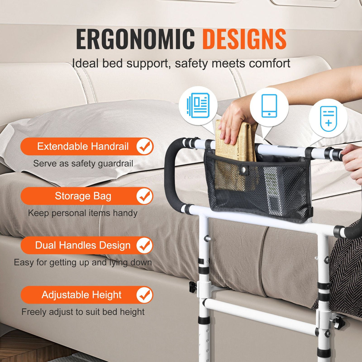 Bed Rails for Elderly Adults, 180° Foldable Bed Assist Rails for Seniors, 450LBS Loading Bed Side Rails Bed Cane with 4-Level Adjustable Handle, Storage Pocket Fits King Queen Full Twin Bed