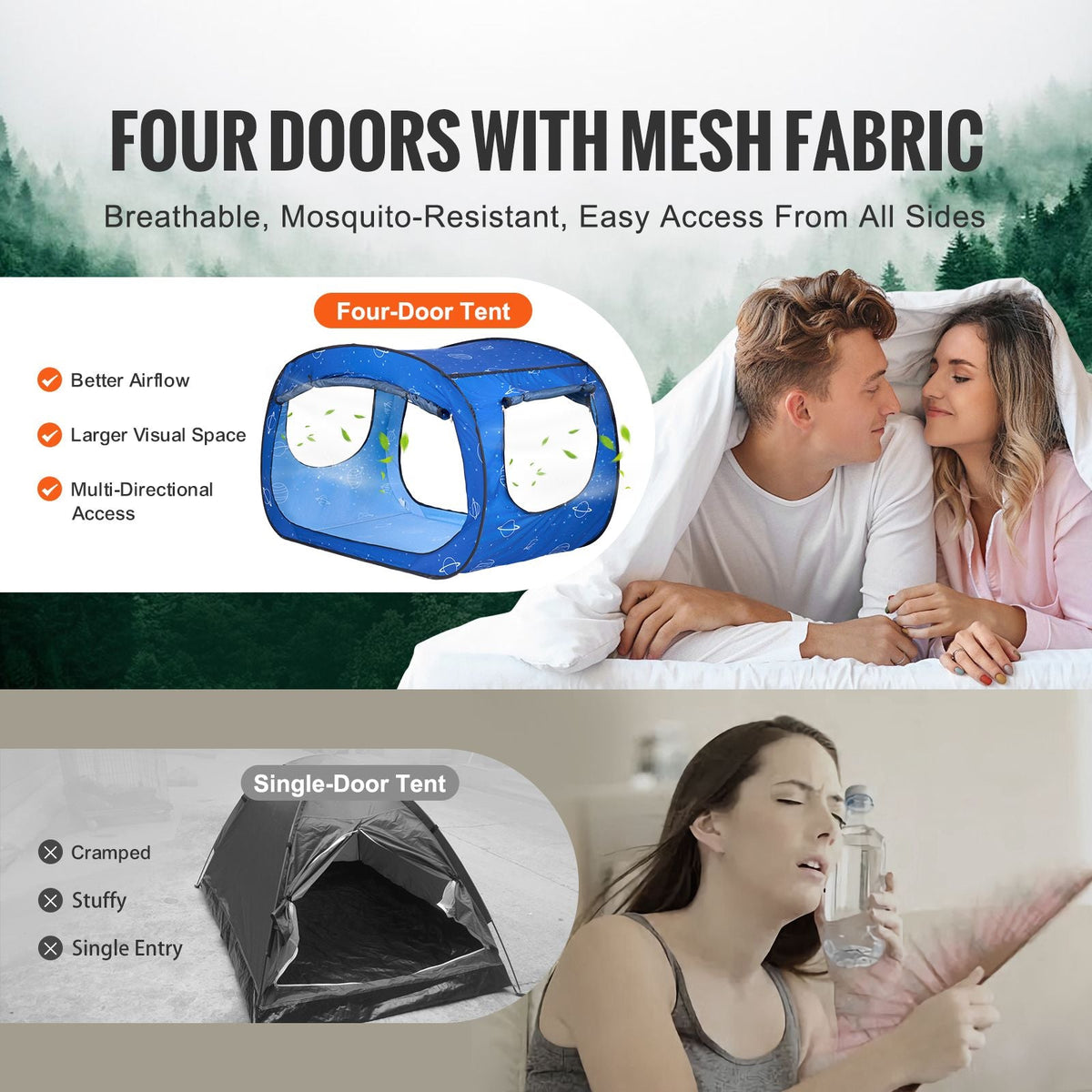 Bed Tent, Pongee Fabric, 2 Doors Breathable Dream Tent with 0.33 in Fiber Poles on Bed Privacy, Full Size Block out Light Sleeping Bed Canopy, Fit for Kids Playhouse and Adults Sleeping Tent