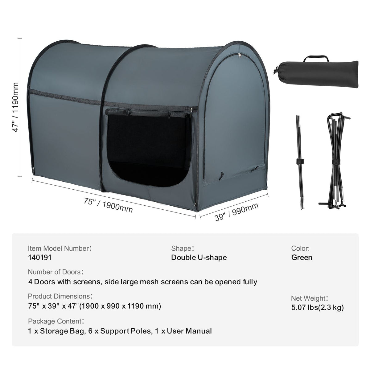 Bed Tent, Pongee Fabric, 4 Doors Breathable Dream Tent with 0.28 in Fiber Poles on Bed Privacy, Full Size Block out Light Sleeping Bed Canopy, Fit for Kids Playhouse and Adults Sleeping Tent