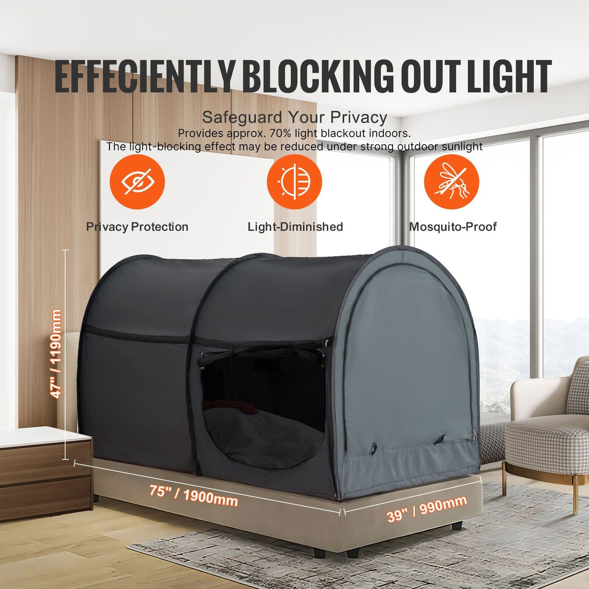 Bed Tent, Pongee Fabric, 4 Doors Breathable Dream Tent with 0.28 in Fiber Poles on Bed Privacy, Full Size Block out Light Sleeping Bed Canopy, Fit for Kids Playhouse and Adults Sleeping Tent