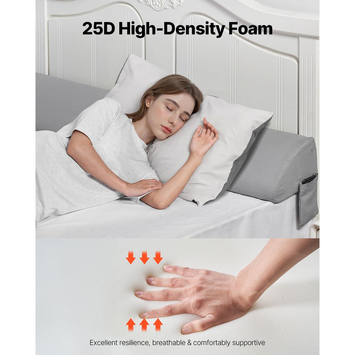 Bed Wedge Pillow for Headboard, King Size, 76"x8"x6" Bed Gap Filler, Fill 0-5" Gap Between Headboard and Mattress, 25D Foam Mattress Wedge Headboard Pillow with Side Pocket, for Backrest, Gray