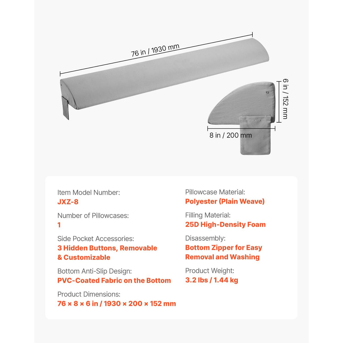 Bed Wedge Pillow for Headboard, King Size, 76"x8"x6" Bed Gap Filler, Fill 0-5" Gap Between Headboard and Mattress, 25D Foam Mattress Wedge Headboard Pillow with Side Pocket, for Backrest, Gray