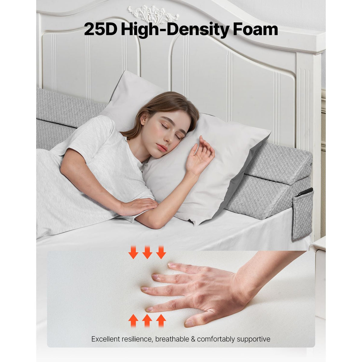 Bed Wedge Pillow for Headboard, Queen Size, 60"x10"x6" Bed Gap Filler, Fill 0-7" Gap Between Headboard and Mattress, 25D Foam Mattress Wedge Headboard Pillow with Side Pocket, for Backrest, Gray