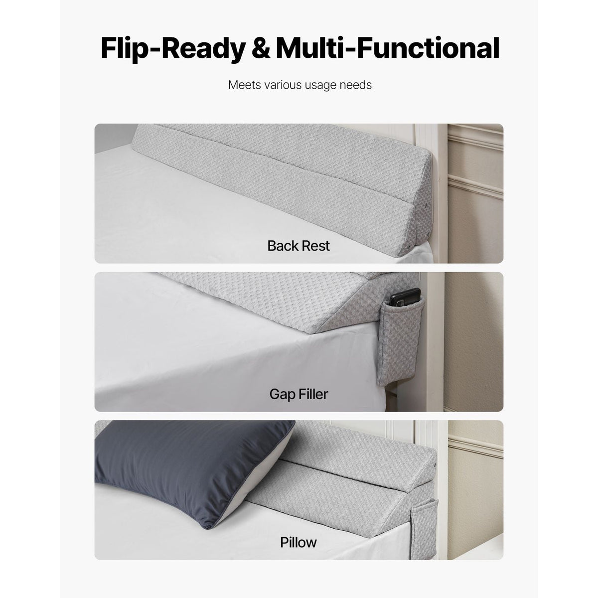 Bed Wedge Pillow for Headboard, Queen Size, 60"x10"x6" Bed Gap Filler, Fill 0-7" Gap Between Headboard and Mattress, 25D Foam Mattress Wedge Headboard Pillow with Side Pocket, for Backrest, Gray