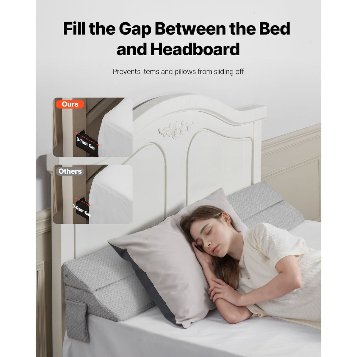 Bed Wedge Pillow for Headboard, Queen Size, 60"x10"x6" Bed Gap Filler, Fill 0-7" Gap Between Headboard and Mattress, 25D Foam Mattress Wedge Headboard Pillow with Side Pocket, for Backrest, Gray