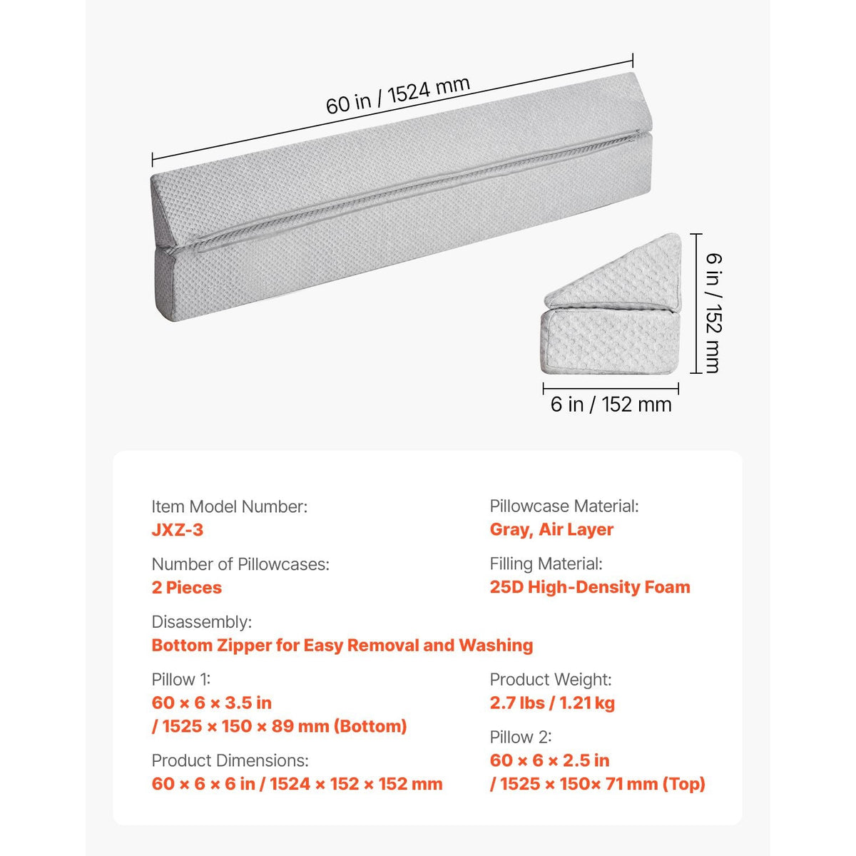 Bed Wedge Pillow for Headboard, Queen Size, 60"x6"x6" Foam Bed Gap Filler - Fill 0-7" Gap, Versatile Flip-Over Mattress Wedge Headboard Pillow with Anti-Slip Bottom, for Sleeping Backrest, Gray