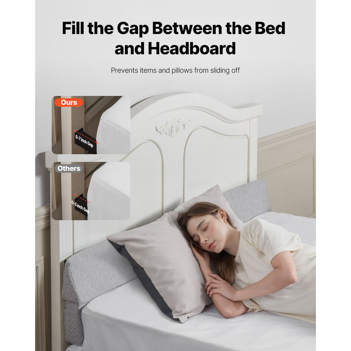 Bed Wedge Pillow for Headboard, Queen Size, 60"x6"x6" Foam Bed Gap Filler - Fill 0-7" Gap, Versatile Flip-Over Mattress Wedge Headboard Pillow with Anti-Slip Bottom, for Sleeping Backrest, Gray