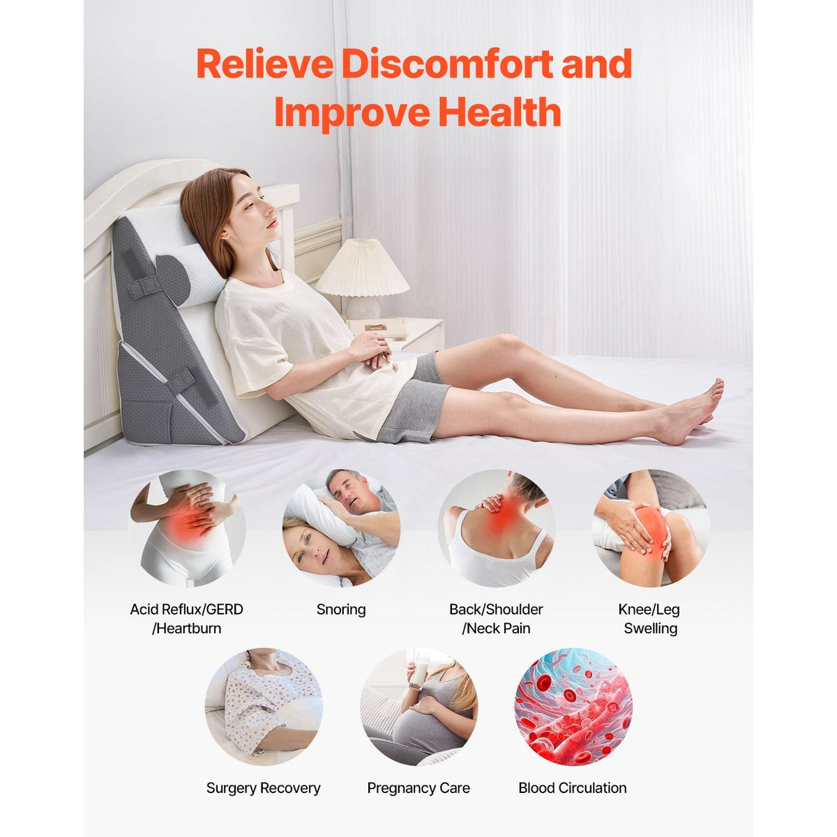 Bed Wedge Pillow for Sleeping, 3 Pcs Adjustable Orthopedic Bed Wedge Set, with Jacquard Washable Cover & Foam Support, Post Surgery Pillow for Acid Reflux Back Pain Snoring Relief, White/Grey