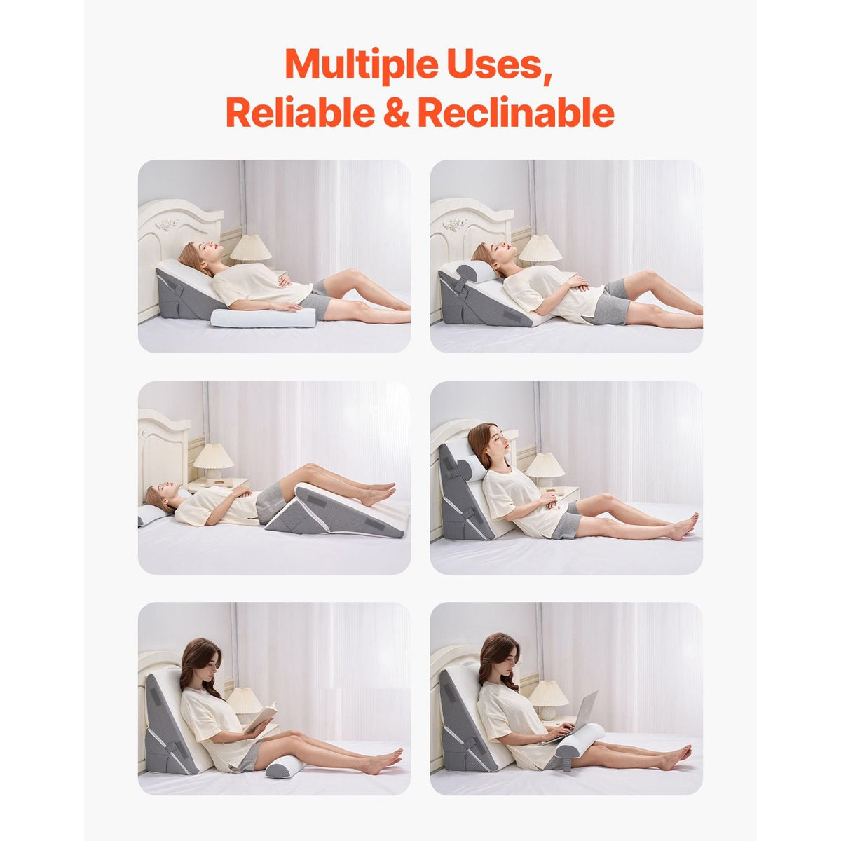 Bed Wedge Pillow for Sleeping, 3 Pcs Adjustable Orthopedic Bed Wedge Set, with Jacquard Washable Cover & Foam Support, Post Surgery Pillow for Acid Reflux Back Pain Snoring Relief, White/Grey