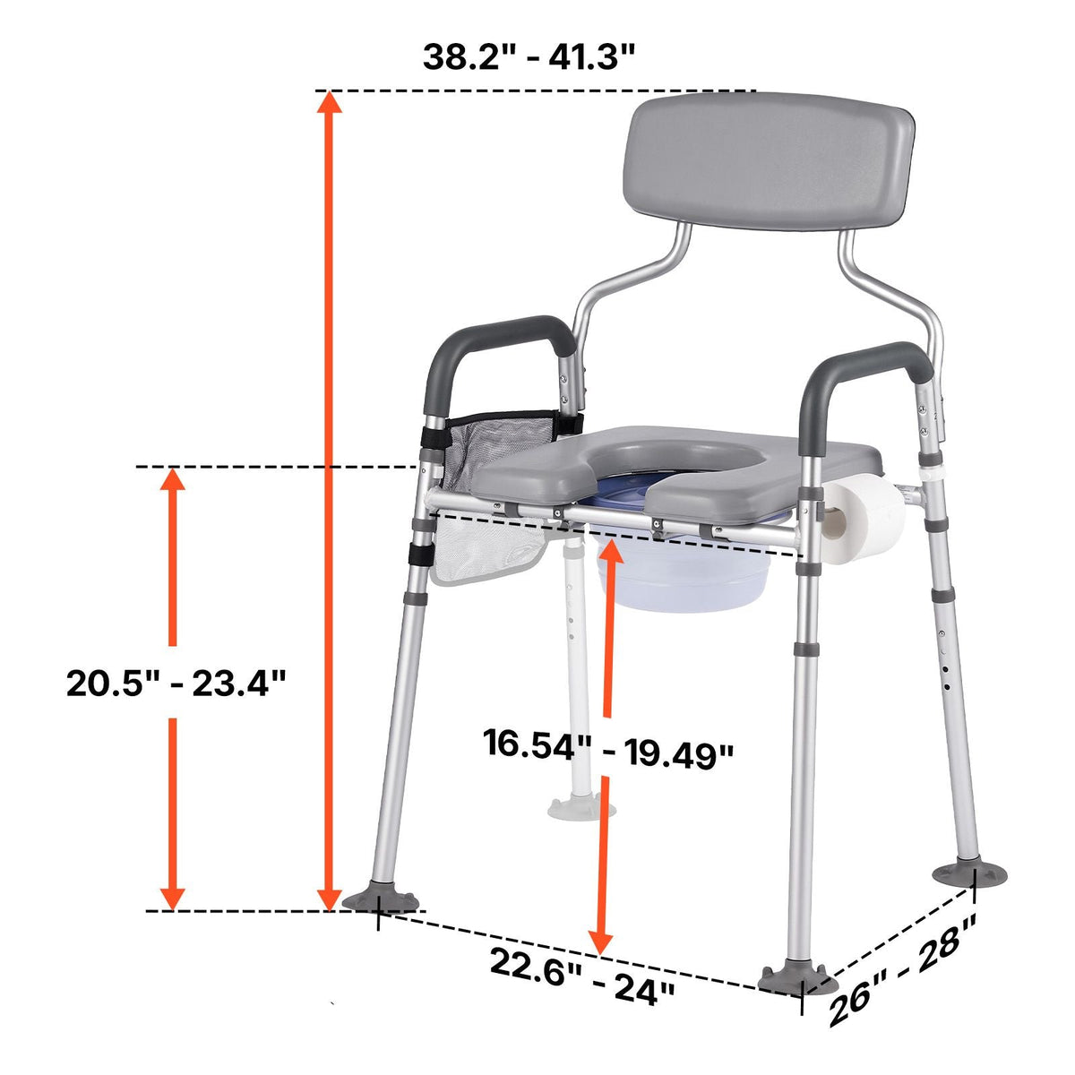 Bedside Commode Chair, 500 lbs Capacity, 4-in-1 Portable Toilet and Raised Toilet Seat with Padded Seat & Backrest, Detachable 5L Bucket, Adjustable Height & Width Adult Potty Chair for Seniors