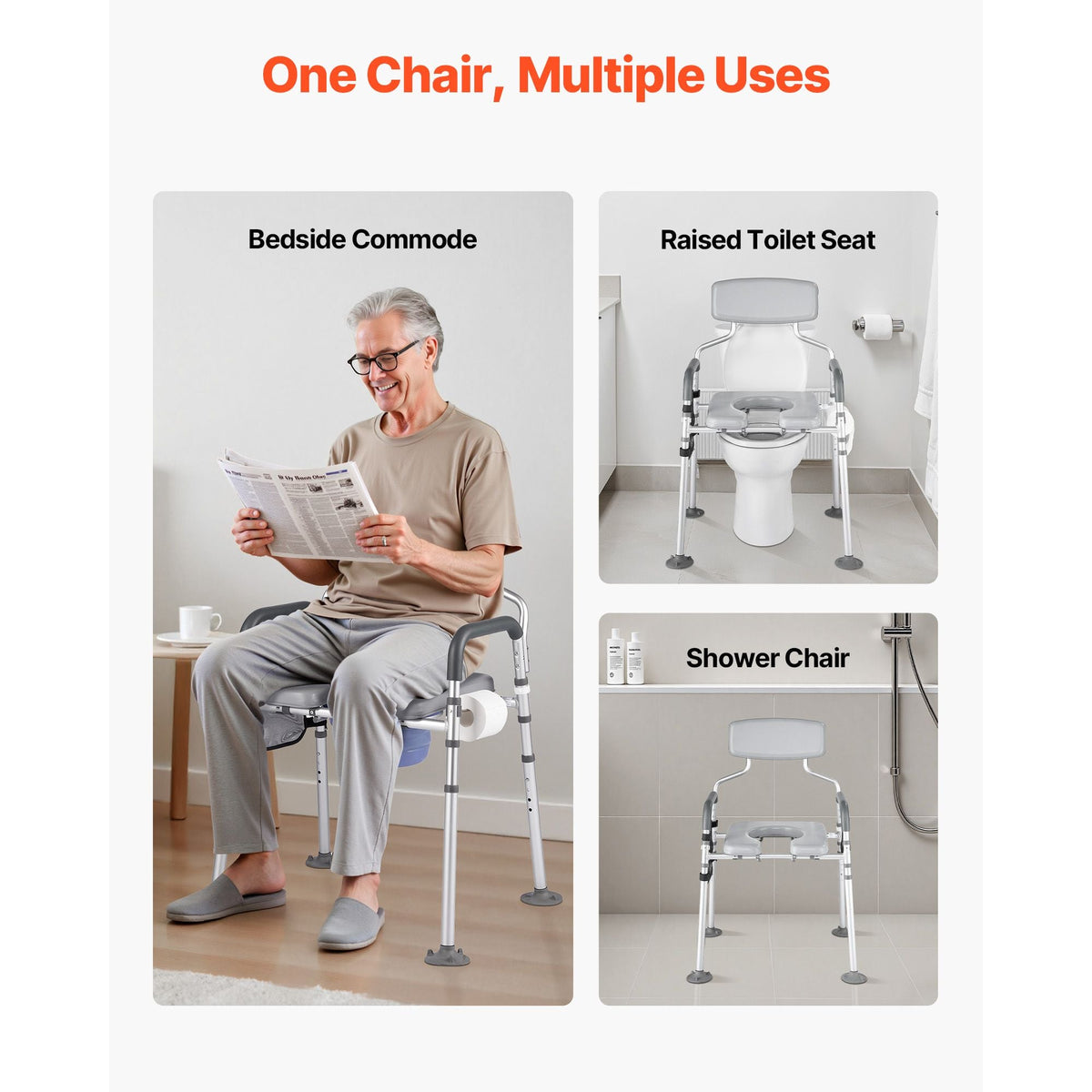 Bedside Commode Chair, 500 lbs Capacity, 4-in-1 Portable Toilet and Raised Toilet Seat with Padded Seat & Backrest, Detachable 5L Bucket, Adjustable Height & Width Adult Potty Chair for Seniors