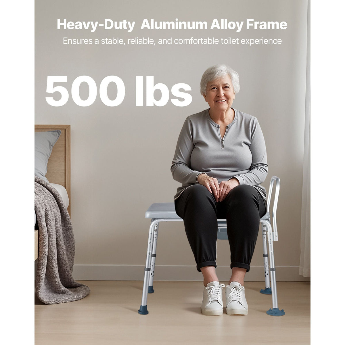 Bedside Commode Chair, 500 lbs Weight Capacity, 4-in-1 Portable Toilet and Raised Toilet Seat with Padded Seat and Backrest, Detachable 5L Bucket, Adjustable Height Adult Potty Chair for Seniors