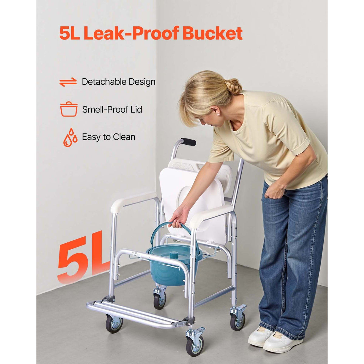 Bedside Commode Chair with Wheels, 350 lbs Capacity, 4-in-1 Portable Toilet and Raised Toilet Seat with Padded Seat/Backrest/Flip-up Footrest, Detachable 5L Bucket, Shower Wheelchair for Seniors