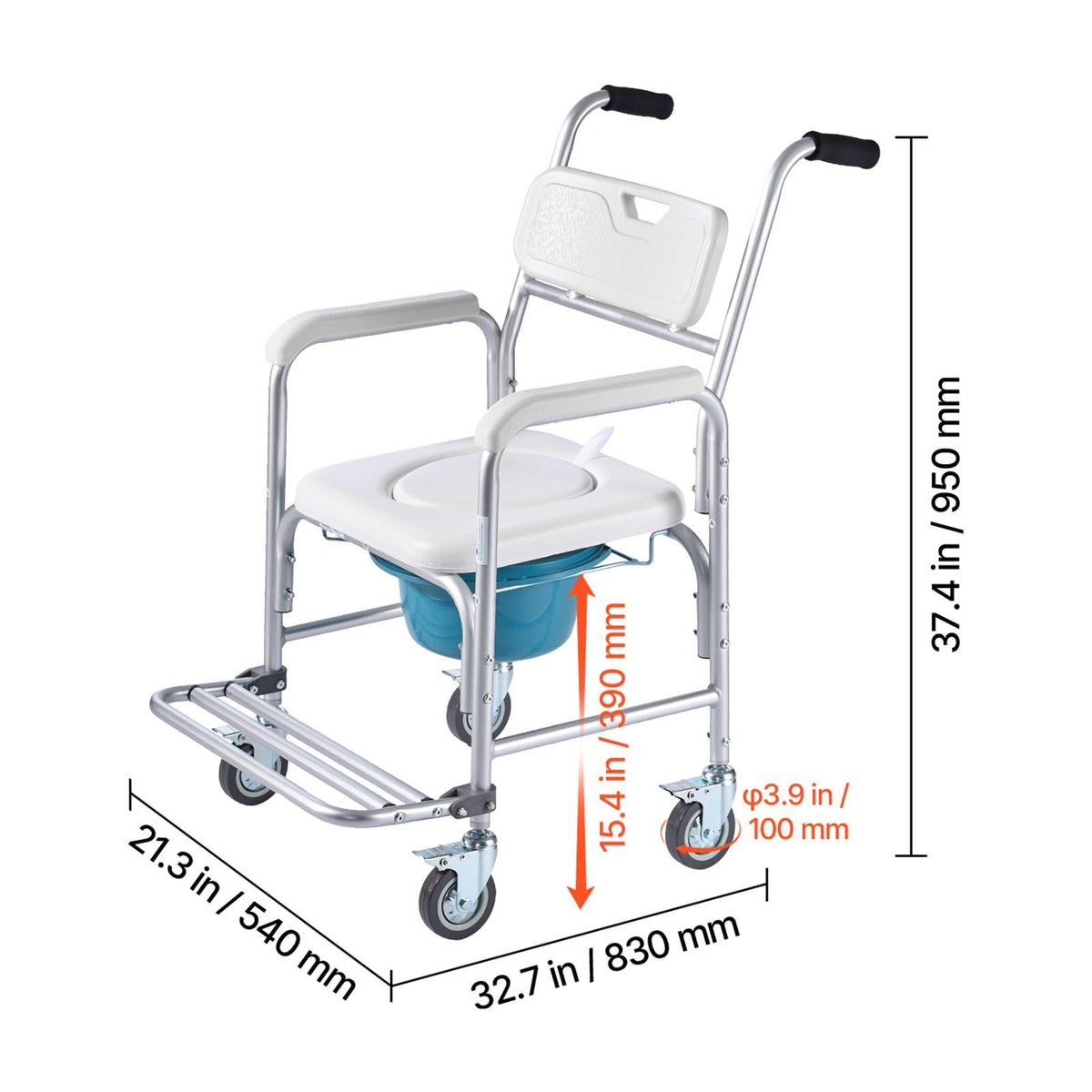 Bedside Commode Chair with Wheels, 350 lbs Capacity, 4-in-1 Portable Toilet and Raised Toilet Seat with Padded Seat/Backrest/Flip-up Footrest, Detachable 5L Bucket, Shower Wheelchair for Seniors