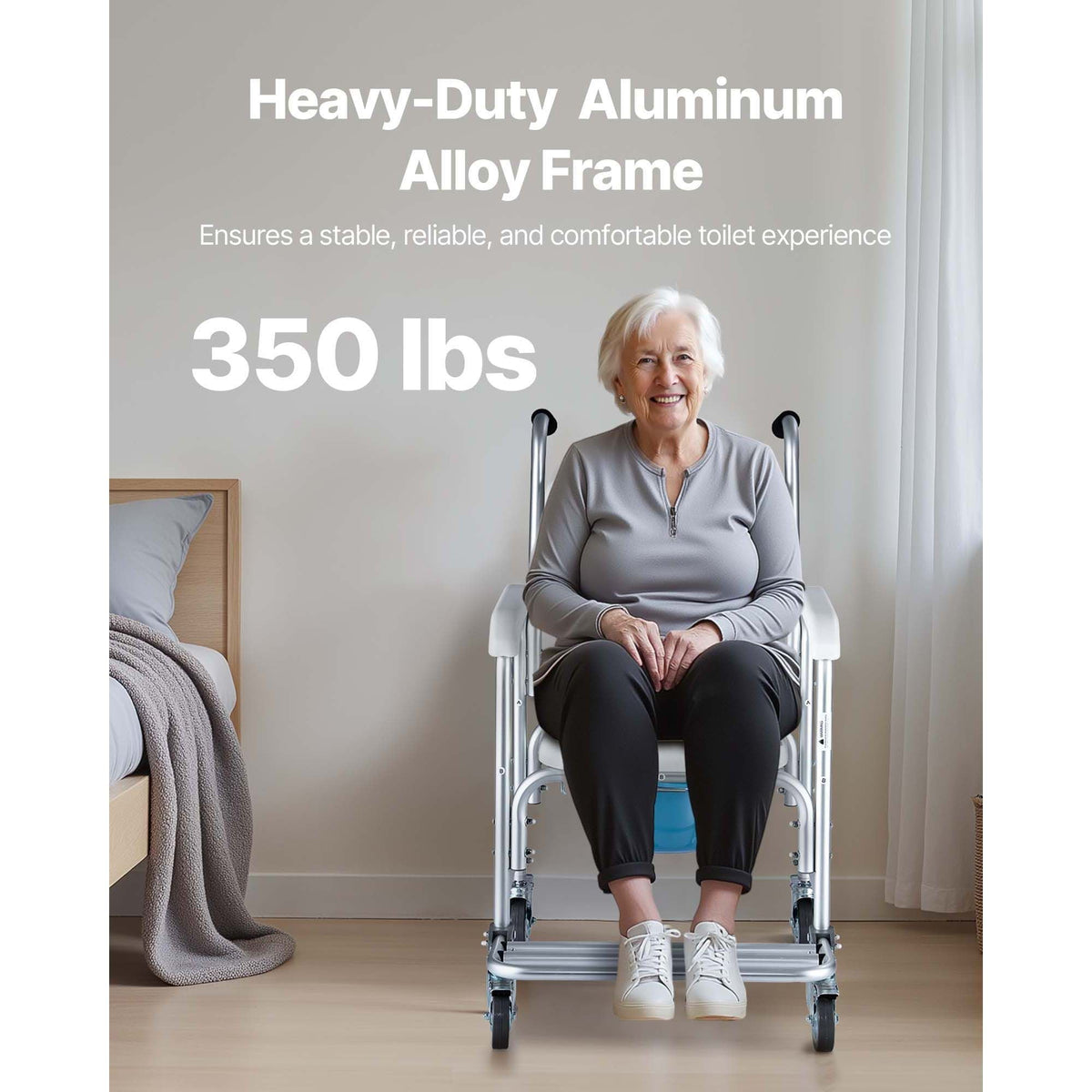 Bedside Commode Chair with Wheels, 350 lbs Capacity, 4-in-1 Portable Toilet and Raised Toilet Seat with Padded Seat/Backrest/Flip-up Footrest, Detachable 5L Bucket, Shower Wheelchair for Seniors