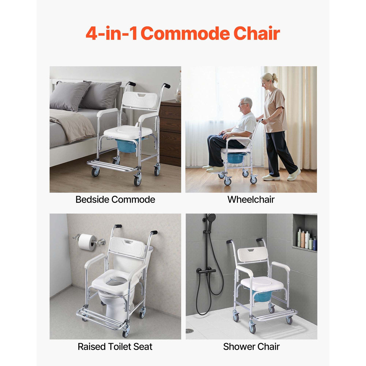Bedside Commode Chair with Wheels, 350 lbs Capacity, 4-in-1 Portable Toilet and Raised Toilet Seat with Padded Seat/Backrest/Flip-up Footrest, Detachable 5L Bucket, Shower Wheelchair for Seniors