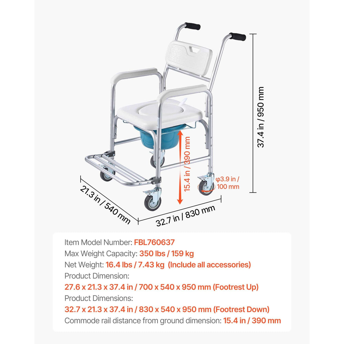 Bedside Commode Chair with Wheels, 350 lbs Capacity, 4-in-1 Portable Toilet and Raised Toilet Seat with Padded Seat/Backrest/Flip-up Footrest, Detachable 5L Bucket, Shower Wheelchair for Seniors