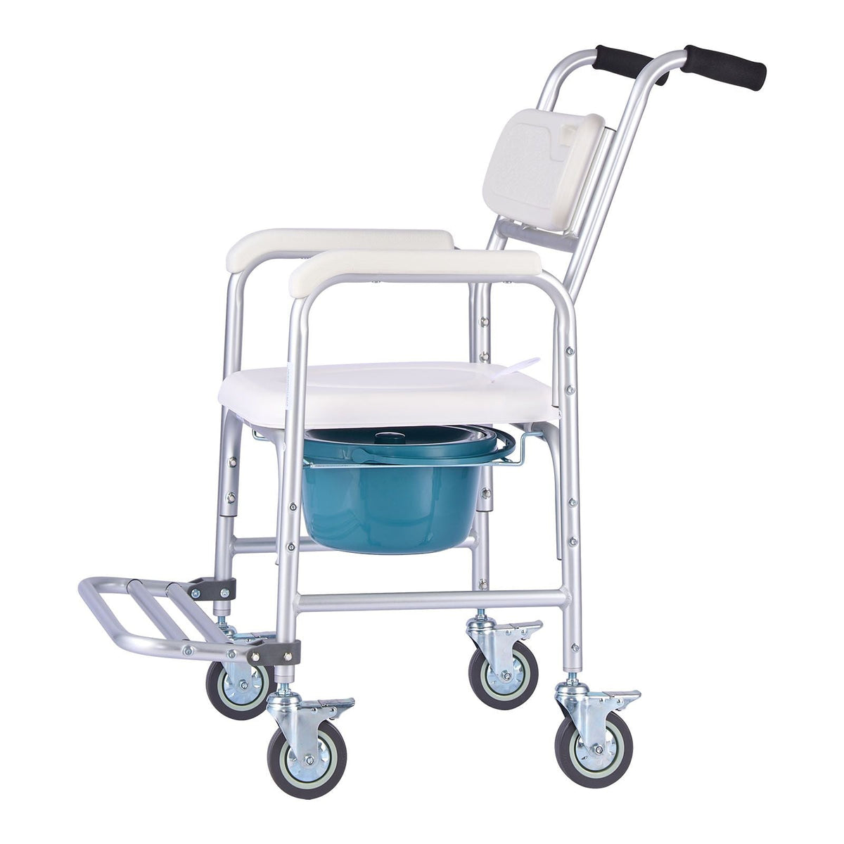 Bedside Commode Chair with Wheels, 350 lbs Capacity, 4-in-1 Portable Toilet and Raised Toilet Seat with Padded Seat/Backrest/Flip-up Footrest, Detachable 5L Bucket, Shower Wheelchair for Seniors