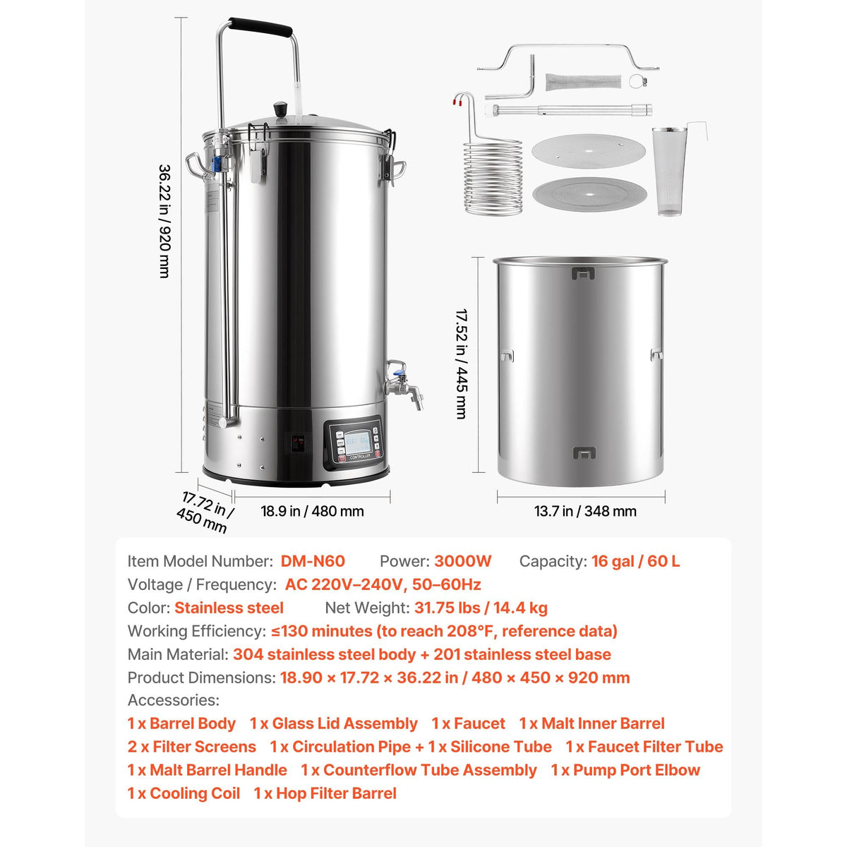 Beer Brewing Equipment, 16 Gal/60L Beer Maker with Anti-Burn Pump and Wort Chiller,3000W All-in-One Home Brewing Kit with Digital Control, Recipe Memory & Timer, Removable mesh strainer
