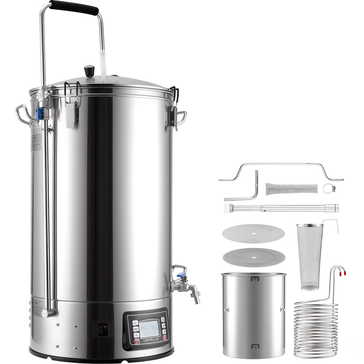 Beer Brewing Equipment, 16 Gal/60L Beer Maker with Anti-Burn Pump and Wort Chiller,3000W All-in-One Home Brewing Kit with Digital Control, Recipe Memory & Timer, Removable mesh strainer