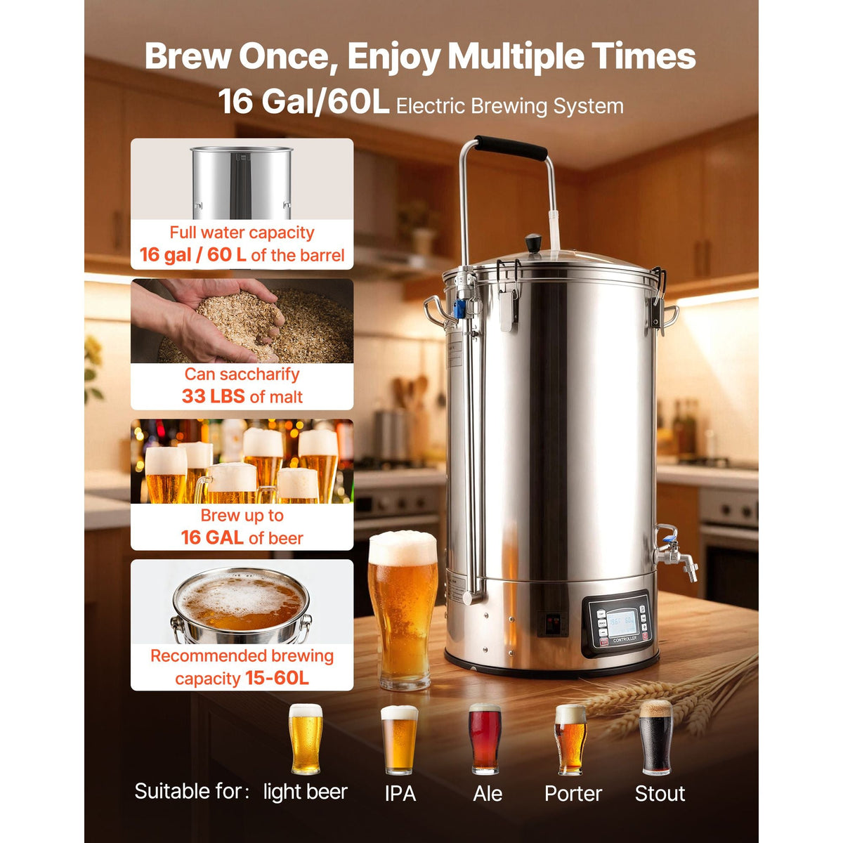 Beer Brewing Equipment, 16 Gal/60L Beer Maker with Anti-Burn Pump and Wort Chiller,3000W All-in-One Home Brewing Kit with Digital Control, Recipe Memory & Timer, Removable mesh strainer