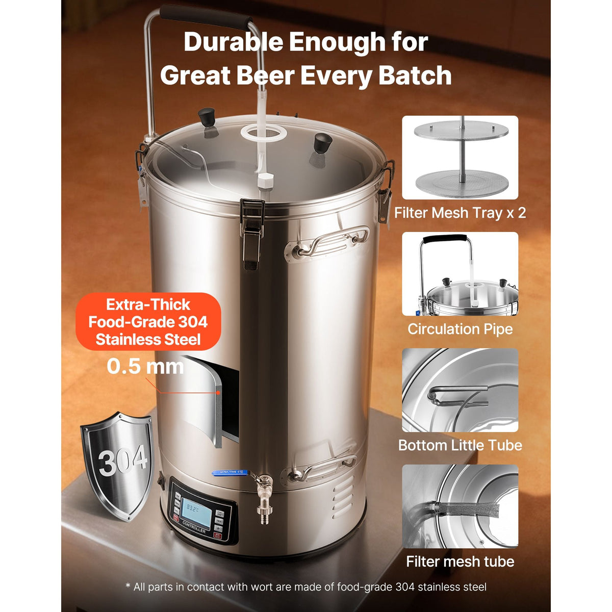 Beer Brewing Equipment, 16 Gal/60L Beer Maker with Anti-Burn Pump and Wort Chiller,3000W All-in-One Home Brewing Kit with Digital Control, Recipe Memory & Timer, Removable mesh strainer