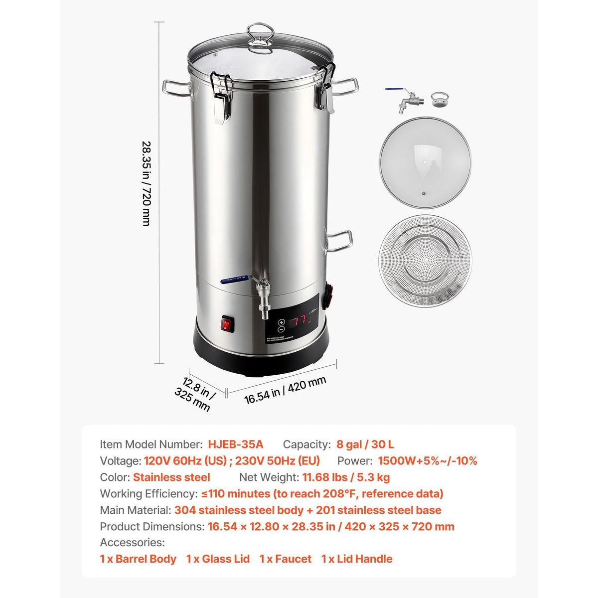 Beer Brewing Equipment, 8 Gal/30L 304 Stainless Steel Home Beer Brewer,1500W All-in-One Home Brewing Kit with Tall strainer, Integrated Inner Barrel & Reinforced Handle