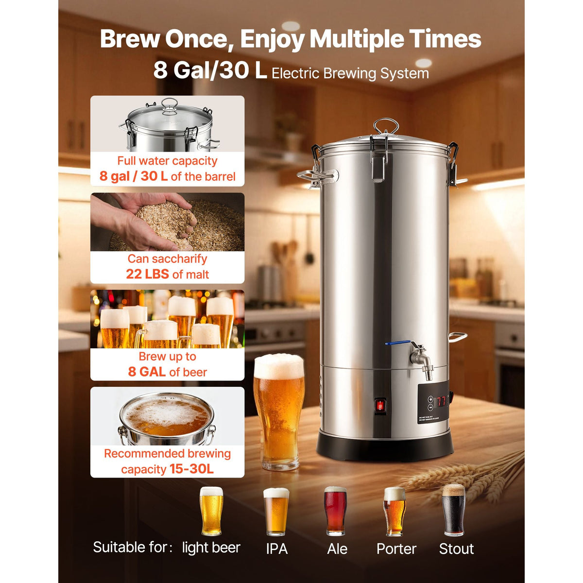Beer Brewing Equipment, 8 Gal/30L 304 Stainless Steel Home Beer Brewer,1500W All-in-One Home Brewing Kit with Tall strainer, Integrated Inner Barrel & Reinforced Handle