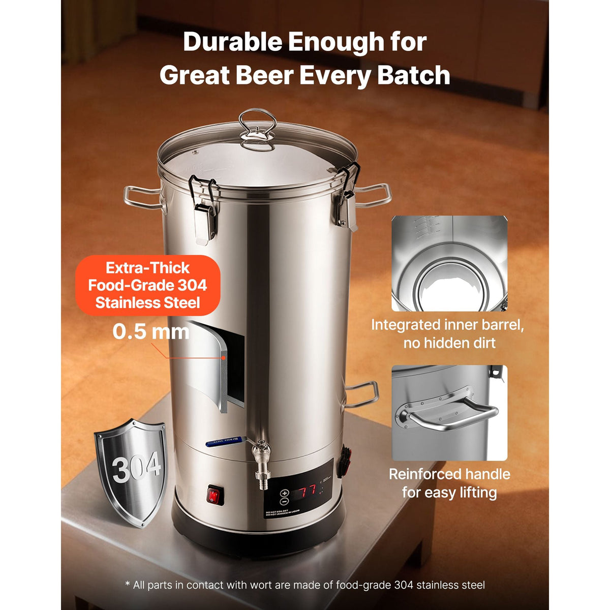 Beer Brewing Equipment, 8 Gal/30L 304 Stainless Steel Home Beer Brewer,1500W All-in-One Home Brewing Kit with Tall strainer, Integrated Inner Barrel & Reinforced Handle